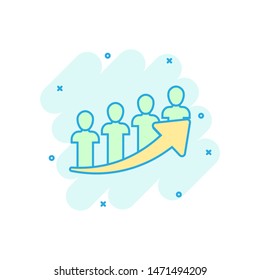 Performance icon in comic style. Career vector cartoon illustration on white isolated background. People with arrow business concept splash effect.