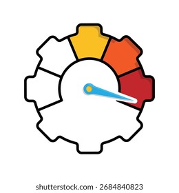 Performance icon. Management. Speedometer like a gear with a maximum needle. Office, solutions, analysis. mixed design style.