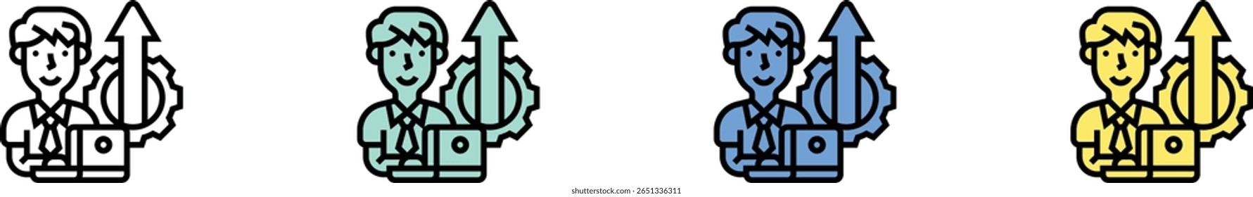 Performance-Symbol. Kontur, Design im grünen, blauen und gelben Stil einzeln auf weißem Hintergrund