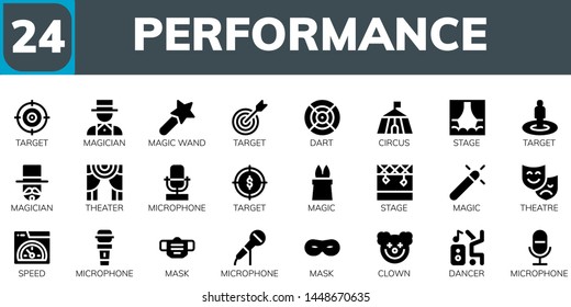 performance icon set. 24 filled performance icons.  Collection Of - Target, Magician, Magic wand, Dart, Circus, Stage, Theater, Microphone, Magic, Theatre, Speed, Mask, Clown