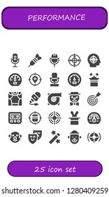  performance icon set. 25 filled performance icons. Simple modern icons about  - Microphone, Dart, Target, Dashboard, Speedometer, Magic, Theater, Turbo, Clown, Magician