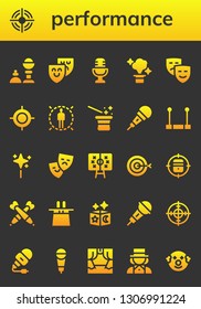 performance icon set. 26 filled performance icons.  Simple modern icons about  - Magic trick, Target, Theater, Microphone, Magic, Masks, Magician, Trapeze, Wand, Tactics, Darts