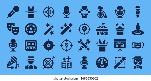 performance icon set. 32 filled performance icons. Included Microphone, Masks, Sing, Magic, Speedometer, Magician, Target, Wand, Manipulator, Darts, Unicycle, Circus, Magic hat icons