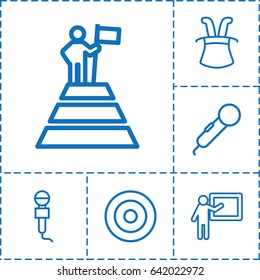Performance icon. set of 6 performance outline icons such as microphone, teacher, man at the top of the mountain with flag, target