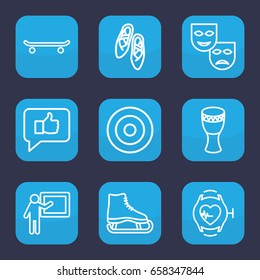 Performance icon. set of 9 outline performance icons such as heartbeat watch, drum, ballet shoes, teacher, skating, target, mask, ice skate