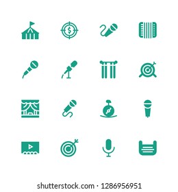 performance icon set. Collection of 16 filled performance icons included Mask, Microphone, Target, Theater, Unicycle, Curtains, Accordion, Karaoke, Circus