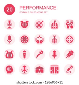 performance icon set. Collection of 20 filled performance icons included Microphone, Lyre, Target, Theatre, Ballet, Power, Juggling ball, Unicycle, Dartboard, Mic, Karaoke, Circus