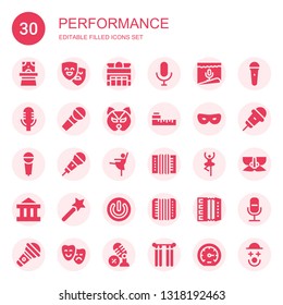 performance icon set. Collection of 30 filled performance icons included Magician hat, Masks, Theater, Microphone, Mask, Meter, Ballerina, Accordion, Dancer, Magic wand, Power