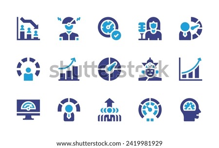 Performance icon set. Duotone color. Vector illustration. Containing low performance, performance, growth, speedometer, chart, optimization, success, performer.