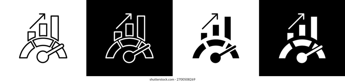 Icono de rendimiento establecido en línea y estilo de glifo sobre fondo blanco y negro