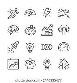 Performance, icon set. Maximizing Productivity and Efficiency  linear icons. Strength and Speed. Line with editable stroke