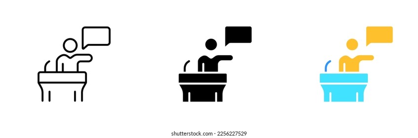 Performance icon set. Speech, debate, speaker, presentation, tribune, person, presentation, question, answer, expert, team, work, board. business concept. vector line icon in different styles