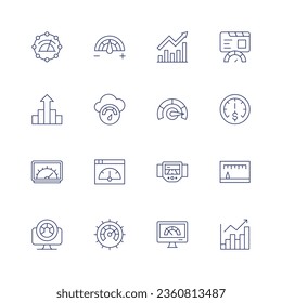 Performance icon set. Thin line icon. Editable stroke. Containing bandwidth, control, growth, high performance, measurer, optimization, performance, productivity, progress, speed, speedometer.