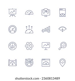 Juego de iconos de rendimiento. Icono de línea delgada. Trazo editable. Contiene análisis, análisis comparativo, velocidad rápida, medidor, alto rendimiento, indicador clave de rendimiento, kpi, optimización, rendimiento, productividad.