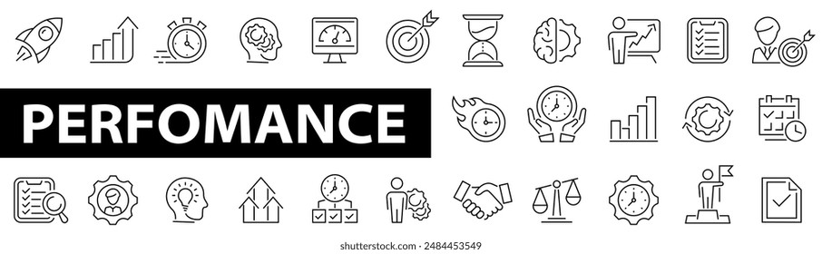 Performance icon set. time. Improvements, balanced scorecard, scope, efficiency, charts, boost, power, monitored, priorities, goal and more. Vector illustration.