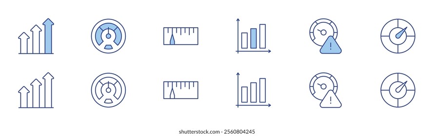 Performance icon set in two styles, Duotone and Thin Line style. Editable stroke. bar graph, increase, speed limit, speedometer.