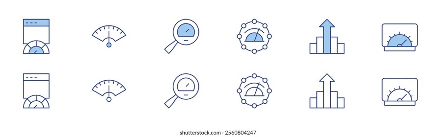 Performance icon set in two styles, Duotone and Thin Line style. Editable stroke. speed, speedometer, bandwidth, growth, measurer.