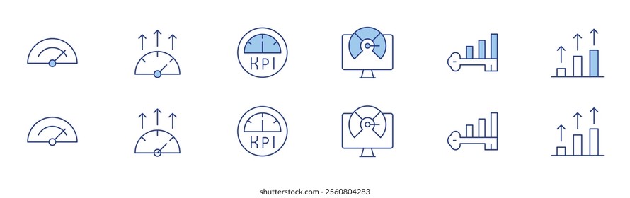 Performance icon set in two styles, Duotone and Thin Line style. Editable stroke. benchmarking, fast speed, high performance, key performance indicator, kpi, progress.