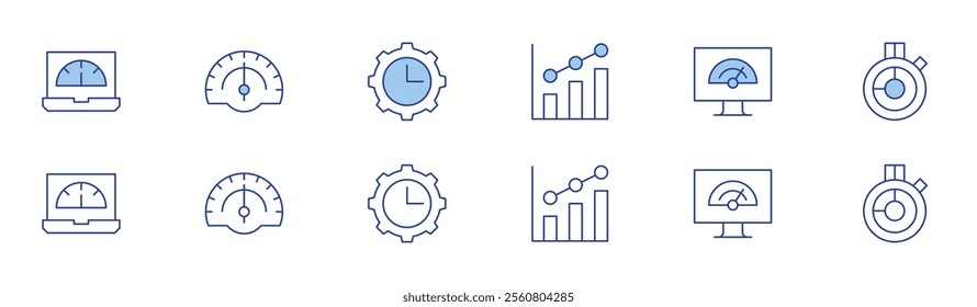 Performance icon set in two styles, Duotone and Thin Line style. Editable stroke. growth, optimization, performance, speed, speedometer, time.