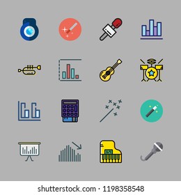 performance icon set. vector set about point of service, bar chart, drum set and magic wand icons set.