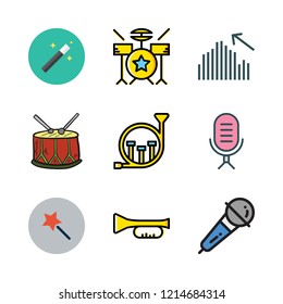 performance icon set. vector set about magic wand, trumpet, drum set and french horn icons set.