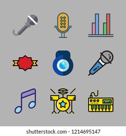 performance icon set. vector set about microphone, quality, bar chart and drum set icons set.