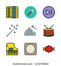 performance icon set. vector set about magic wand, accordion, bar chart and piano icons set.