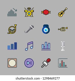 performance icon set. vector set about microphone, lens, drum set and bar chart icons set.