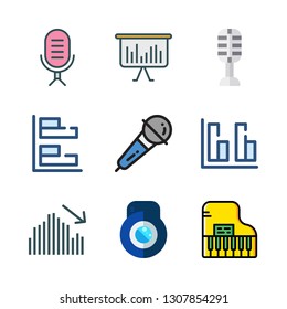 performance icon set. vector set about piano, lens, bar chart and microphone icons set.