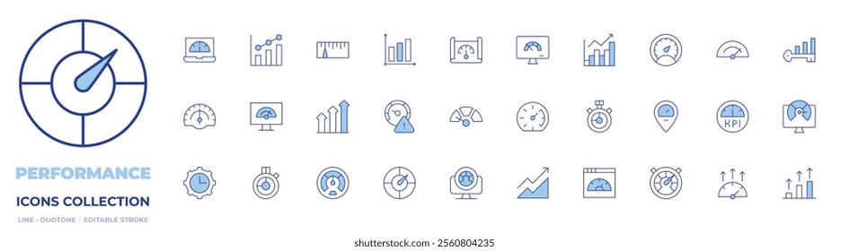Performance icons collection. Line Duotone style, editable stroke. web, performance, speedometer, profit, increase, slow, speed limit, optimization, time.