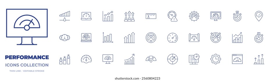 Performance icons collection. Thin Line icons, editable stroke. performance, productivity, speedometer, bar graph, growth, increase, speed limit, speed, statistics, website.