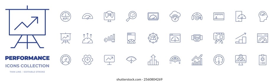 Performance icons collection. Thin Line icons, editable stroke. analytics, benchmarking, fast speed, high performance, key performance indicator, kpi, speed, speedometer, bandwidth, measurer.