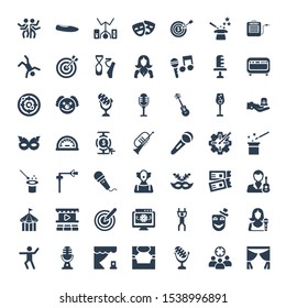 performance icons. Editable 49 performance icons. Included icons such as Curtain, Targeting, Microphone, Theater, Stage, Sing, Dancer, Singer. performance trendy icons for web.