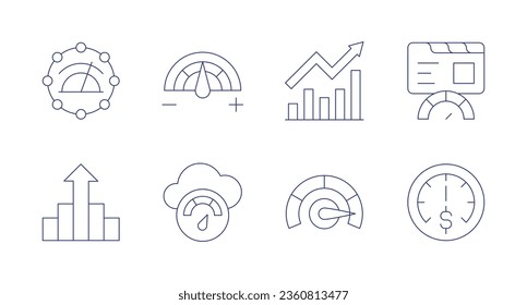 Performance icons. editable stroke. Containing bandwidth, control, growth, high performance, progress, speed, speedometer.