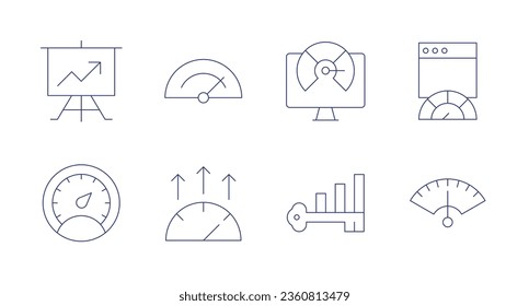 Performance icons. editable stroke. Containing analytics, benchmarking, fast speed, gauge, high performance, key performance indicator, speed, speedometer.