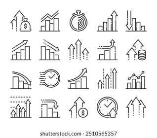 Performance icons. Increase and Decrease line icons set. Editable Stroke.