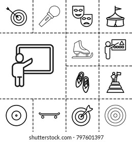Performance icons. set of 13 editable outline performance icons such as target, mask, circus, skating, teacher, ballet shoes, man at the top of the mountain with flag
