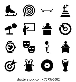 Performance icons. set of 16 editable filled performance icons such as target, teacher, magic hat, mask, skating, microphone, heartbeat watch, drum
