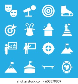 Performance icons set. set of 16 performance filled icons such as heartbeat watch, microphone, target, teacher, man at the top of the mountain with flag, flag on mountain