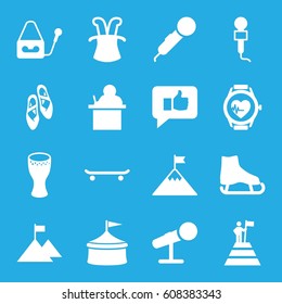 Performance icons set. set of 16 performance filled icons such as microphone, heartbeat watch, drum, ballet shoes, thumb up, man at the top of the mountain with flag