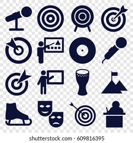 Performance icons set. set of 16 performance filled icons such as target, drum, microphone, teacher, flag on mountain, mask