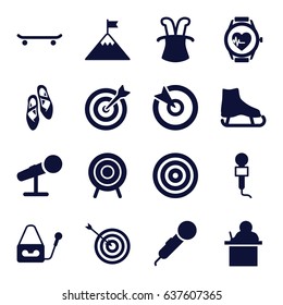 Performance icons set. set of 16 performance filled icons such as target, microphone, heartbeat watch, ballet shoes, flag on mountain, magic hat, ice skate, teacher