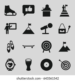 Performance icons set. set of 16 performance filled icons such as target, microphone, heartbeat watch, drum, ballet shoes, thumb up, man at the top of the mountain with flag