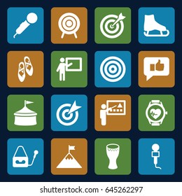 Performance icons set. set of 16 performance filled icons such as microphone, heartbeat watch, target, drum, ballet shoes, teacher, thumb up, flag on mountain, ice skate