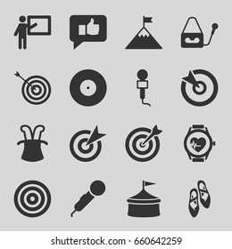Performance icons set. set of 16 performance filled icons such as target, microphone, heartbeat watch, ballet shoes, thumb up, flag on mountain, magic hat, circus