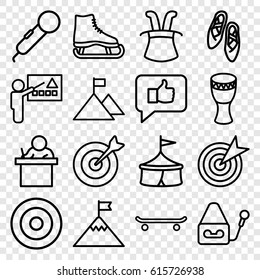 Performance icons set. set of 16 performance outline icons such as microphone, drum, target, ballet shoes, teacher, flag on mountain, skating, magic hat, ice skate, circus