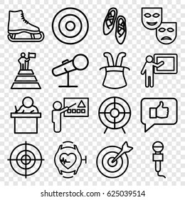Performance icons set. set of 16 performance outline icons such as microphone, heartbeat watch, target, ballet shoes, teacher, man at the top of the mountain with flag