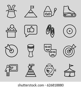 Performance icons set. set of 16 performance outline icons such as microphone, heartbeat watch, drum, target, ballet shoes, teacher, man at the top of the mountain with flag