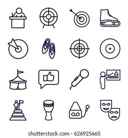 Performance icons set. set of 16 performance outline icons such as target, microphone, drum, ballet shoes, teacher, man at the top of the mountain with flag, mask, ice skate