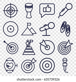 Performance icons set. set of 16 performance outline icons such as target, microphone, heartbeat watch, drum, ballet shoes, man at the top of the mountain with flag